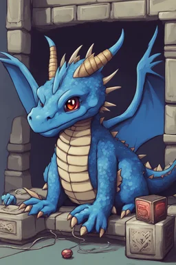 A small blue dragon playing a video game