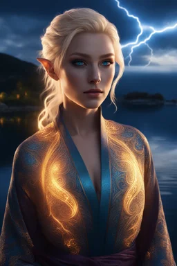 detailed eyes, female danish half elf, curvy, blonde short hairstyle, head to knee shot, detailed glowing ornamental magical pattern form fitting robe, glowing gem crackling with lightning implanted on robe, 8k, high detail, lake background, midnight, facing viewer, front facing