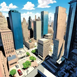 bird's eye view of corporate buildings comic art