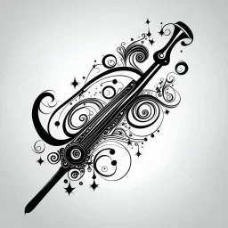 Make black and white cute drawing of a Magic Wand with black bold lines. Only outline, no grayscale. A slender wand with swirling stars and sparkles shooting from its tip. Decorate it with intricate carvings or a glowing crystal at the end. Place it against a soft magical background with shimmering lights.