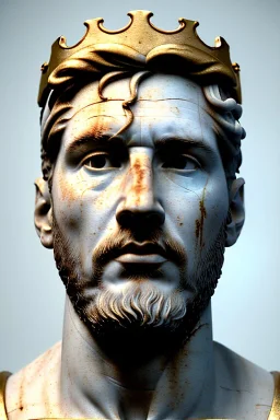 Ultra Realistic image, classical renaissance sculpture, white marble and gold material, Lionel Messi, emperor style, gold Laurel leaves crown, chisel style, waist up portrait, epic, celestial, cinematic lighting, God light, god rays, 4k resolution, smooth details, ornate details, soft lighting, unreal engine 5, sky background.