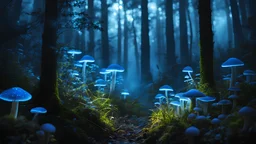 bioluminescent forest at night, with glowing flora and fauna creating an ethereal atmosphere, blue mist, mushrooms, octane, high resolution, back light, volumetric lighting, shallow depth of field, sharp focus