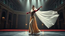 A full-body cinematic photograph of a graceful Azerbaijani woman performing a traditional national dance. She wears an intricately embroidered velvet bodice and a flowing long silk skirt. On her head is a small ornate traditional crown with a long, translucent white lace veil flowing elegantly behind her. She stands in a poised, elegant dance pose on a sleek modern performance stage with dramatic professional spotlighting. The stage is set inside a massive opulent royal hall with high ceilings,