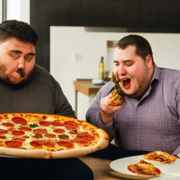 an obese man eating pizza next to a thin man eating vegetables