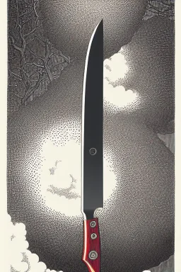 a vibrant ultraclear illustration of a japanese knife by rene magritte and laurie greasley, etching by gustave dore, colorful flat surreal, ethereal, intricate, sharp focus, illustration, highly detailed, digital painting, concept art, masterpiece