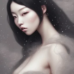 A portrait of a beautiful curvaceous japanese woman with long straight curly black hair, wearing a mama claus dress with a deep v neck, sorceress, magical, ethereal, intricate, sharp lighting, misty. Painting, high quality, Ultra quality 8k.