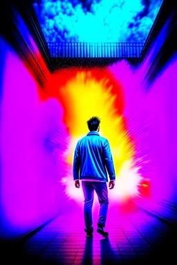 Young man walking away from a building that is exploding at night, with coloured auras all around him