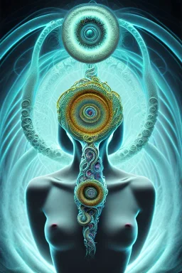 Spiritual being with Tentacles over human Head creating reality around, wrapping Spiral around Human, Psychedelic