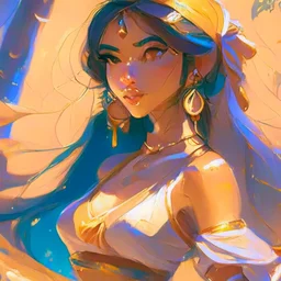 cute anime disney princess jasmine, key visual, glamour,sceane from princess mononoke movie, cute anime girl, dynamic pose, anime digital painting by loish + rossdraws + Pino Daeni, brush strokes, painterly, impressionist style, half painted, golden hour, digital art, 4k, full details