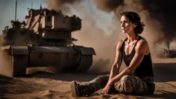 beautiful slender caucasian female technician, black tank top, well toned muscles, weathered face, scratched sand camo metal details, short brunette wavy bob haircut, dystopian, desert scene with smoke and explosions, bloody wounds