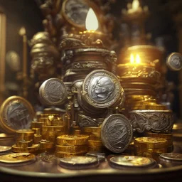 dynamic lighting, Intricately detailed, Splash screen art, deep color, Unreal Engine, volumetric lighting, silver coins, gold coins, silver treasure, stacked coins, indoors, candle, altar, black table, sigil, shiny, metallic, bullion,