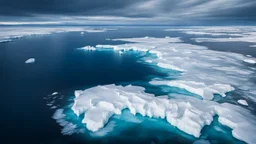 Climate emergency. An aerial view of the polar ice caps, dramatically melting into the ocean. Large chunks of ice break off and float away, leaving behind deep, dark blue water. In the distance, polar bears struggle to find solid ground. Beautiful award-winning photograph, inspiring, rule of thirds, balanced delightful composition, perfect lighting, superb detail, 16k render