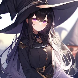 Clear focus,High resolution, black long fluffy hair, long fluffy bangs, purple eyes, wearing a witch outfit, front hair cover eyes, wearing a short skirt, extreme close up