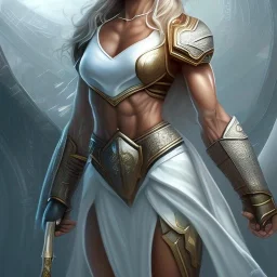 fantasy setting, giant woman, big muscles, more muscles, white dress, full body and face