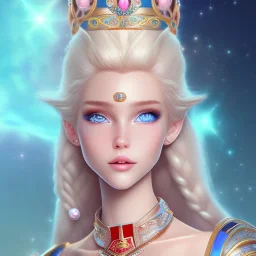 cosmic prince belle fine, profil de trois quart, grand front cosmique, peau bleu cristalline, yeux bleu, perle sur le front long cheveux blond et rose etoilé, cristaux sur le corps, collier de grande princesse, levres souriante, très jolie sourire