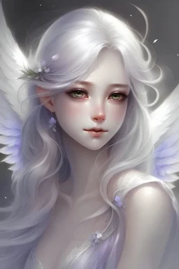 A little fairy with lavender eyes, white hair flowing down her back and a pair of white crystal wings.