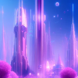 A very beautiful futuristic city, elegant, small crystal edifices, atmospheric, realistic, cinematic lighting, pink blue light, 8k, galactic atmosphere, flowers