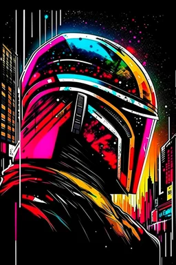 The helmet of a boba fet, in the reflection of which you can see a bat that is close to him and is about to hit and the bright colors of a busy city::3 chromatic::1.8 comicbook::2.4 dark matter::1.4 dna::1.5 dripping paint::1.5 ultra wide angle lens::2.4 cymk::1.3 gray::3.4 grayscale color::1.9 indigo::1.6 matte black color::2.1 neon blue color::2 neon orange color::2.2 rgb::3.2 --quality 1