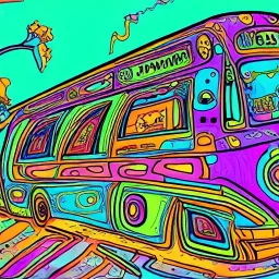 psychedelic bus by jim woodring in cartoon style