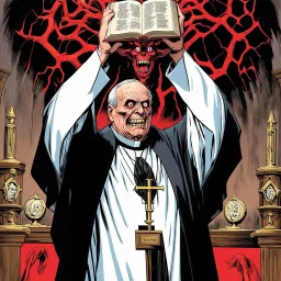 horror scene, priest shaking a bible above his head at a red multi eyed lovecraftian demonic corruption that has taken root in a 1890's frontier church, sinister, fragmented collage, modern comic book illustration, offset cells, by Keith Thompson and Dave McKean, dramatic, scary, visceral