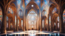 futuristic fantastic symmetrical cathedral interior view, year 2160, sunshine, beautiful, colorful, totally symmetrical design, style Antoni Gaudí, innovative architecture, award-winning photograph, awesome, serene, inspiring, spiritual, impressive, Cinematic lighting, Epic composition, Photorealism, Very high detail, Unreal Engine, Octane render, HDR