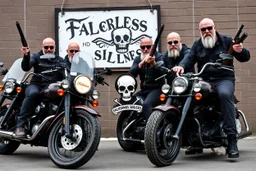 a very hard and tuff motorcycle bald gang, not old, posing with their Harley Davidsson bikes, some of them holding guns and shotguns, a logo sign with Falköpings HD Club, "Fearless sinners" Skulls and bones, skeletons