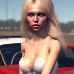 blonde, happy cute chick sitting on roof of a car portrait, wreckfest, spectacular graphics, unreal, long hair, eye patch