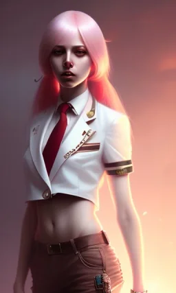 girl, cute, beautiful, pink hair, brown eyes, pigtails, bangs, knife in hand, blood on face, by Greg Rutkowski, big boobs, blazer, yandere