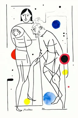 Reprezentare grafica moderna figurativa cu simboluri ,minimal art similar cu desenele lui Picasso , a unui desen facut de un autist , reprezentand o femeie tanara si un barbat batran cu barba , garbovit , în stilul combinat acuarelei umede a lui Joan Miro si cu filigran lineart minimal a lui Jean Cocteau cu Paleta de culori impresionista cu culori putine si tari. Fond alb si linii color subtiri si paralele, cu umbre de lumina cu hasuri incrucisate