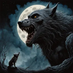 Dramatic Werewolf howling balefully at the full moon, in Ian Miller and Michael Whelan and Beksinski style, edge light, chiaroscuro, high quality, cinematic, volumetric lighting, perfect eyes, perfect pupils, perfect mouth, viscous teeth, matte oil painting, loose brush strokes, rich dark color, expressive eyes, smoke, particle effects, haze, ultra detail, light leaks, artstation trends, sharp focus, intricate details, by Jeremy Mann.