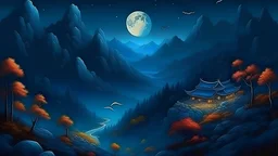 фэнтези стиль корейская природа,ночь, луна, звезды горы,