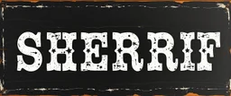 fill composition with large and wide hand painted old western sign that reads: "SHERRIF" white on black with inset boarder stripe in white aged
