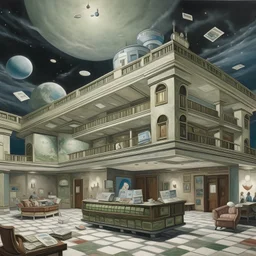 a realistic drawing of a hotel in space. This hotel houses people with the appearance of money, banknotes. The sense of this painting is of a place where money can 'relax' from its stressful use by people on a daily basis.