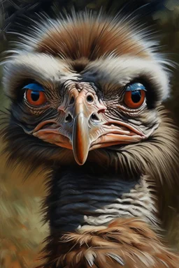 An oil painting of a very beautiful ostrich with wide eyes Photorealistic