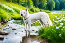 a lovely white dog in country side in green field flowers next to a river with clear water an small rocks in its floor