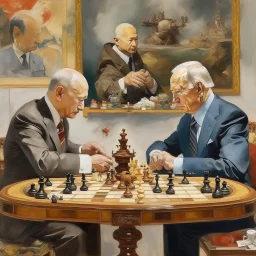 Putin, President Xi Of China And Joe Biden Play Chess With A Pigeon,Ufo And Atomic Bomb Mushroom Cloud,Complex Surgical Instruments Intermixed With A Newborn Boy,Minimalism,Painting By Adrian Ghenie,Rene Magritte,Pablo Picasso,Michelangelo,Salvador Dali,Lucian Freud