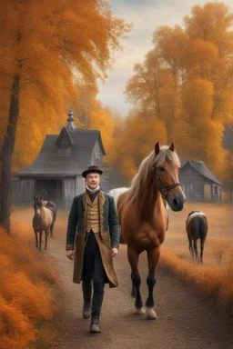 Fascinating, ultra-realistic nature in the photo. Golden autumn. A 32-year-old man in 19th-century Russian clothes walks towards the horses with his head raised to the sky, a smile on his face. In the background, the Russian estate of a 19th-century nobleman and three horses stand at the outhouse.