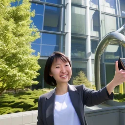 A short haired, Japanese female software engineer from MIT taking a selfie in front of Building 92 at Microsoft in Redmond, Washington