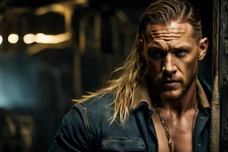 Tom Hardy as stunningly handsome viking, muscular, long blonde hair, male age 30, wearing jeans and a smart shirt, tan skin, tattoos,photorealistic 4k