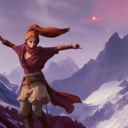 a heroic female adventurer with a headscarf travelling through a fantasy mountain range