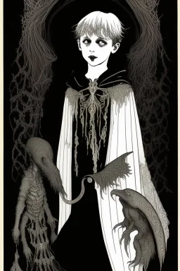 7 year old boy, necromancer, friendly, looks dead,with a long lamprey emerging from his belly , wearing black robes, in the style of Harry Clarke