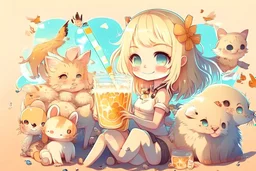 cute blonde chibi girl with an iced cocktail surrounded with cute chibi animals (mostly cats) in sunshine