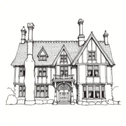 A detailed ink illustration of a front elevation of a Tudor fantasy house, with a tall chimneys and roofs.