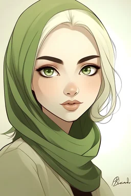 Simple drawing, Blonde, Green eyes, blonde eyebrows ، without makeup ،wearingg a hijab a ، write Bella signature Bella, cartoon style, color flat