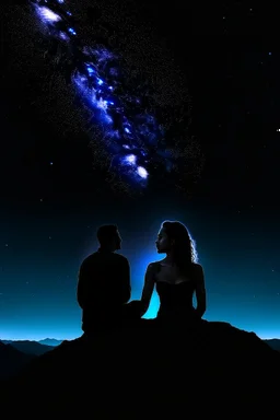 black background on a mountaintop with two silhouettes of a fit man and a silhouette of a fit woman sitting close to each other almost touching and looking at the stars