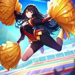 Clear focus, High resolution, long black fluffy hair, red eyes, chopped bangs, wearing a cheerleading outfit, jumping