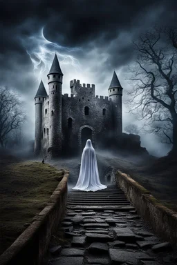 person holding smartphone taking photo for a haunted ruins castle with transparently ghost figure, dark colors, mystic, crepy, pale light, high detalied, sharp focus, hyperrealistic