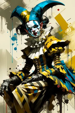 Digital Art of merry harlequin embodying the essence of merriment in a , minimalist approach, influenced by Luis Miranda, Jeremy Mann, Jeffrey Catherine Jones, blends conceptual art with elements of painting and illustration, somber tones, fragmented souls, shadow play, diffuse textures, abstract forms, digital painting, high conceptuality, palette inspired by Jeffrey Catherine Jones, golden ratio composition, fine detail, cinematic lighting.