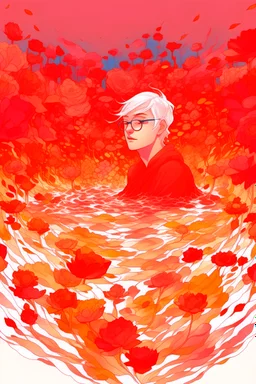 咒语：A white-haired man lies at the bottom of the pool, with burning roses floating on the water,withered, minimalist, widespread red-orange,animated artistic style, gray palette, OShare Kei, light red turquoise and yellow, loose strokes, amber and light gray, accurate painting, Traincore,Korea Wave--a 4:3