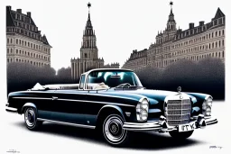 a true-to-life 1962 Mercedes Benz 300SE Convertible, centered, intricate, extreme detailed, photorealism, center view, city background, pivot on mercedes, pen and color marker, painting by cheryl kelley